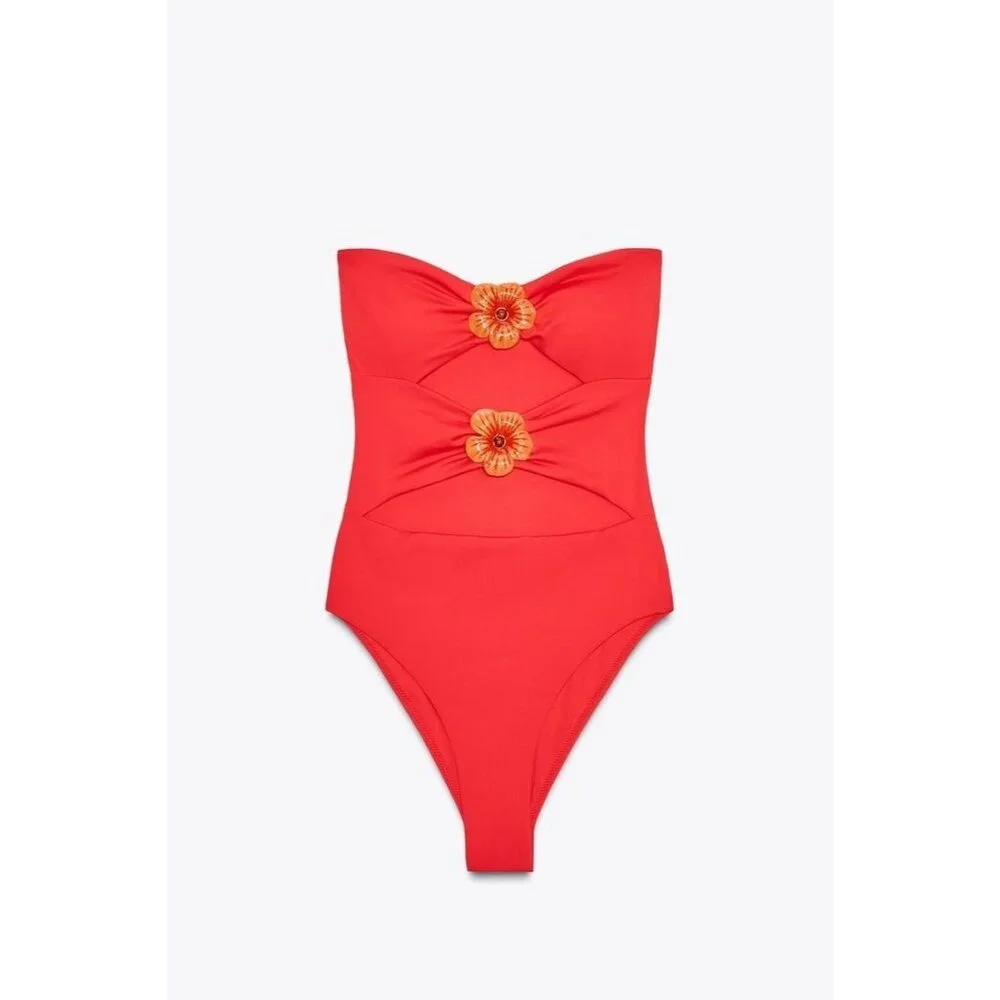 Zara Womens Swimsuit S Orange Cut Out Floral Bandeau Summer Beach 0167/203 NWT - Picture 3 of 13